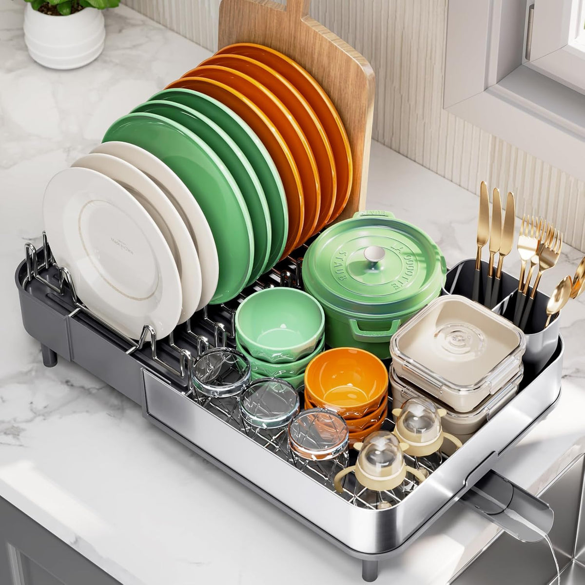 Expandable Dish Drying Rack,Foldable 304 Stainless Steel Dish Rack with Dual Parts, Extendable Dish