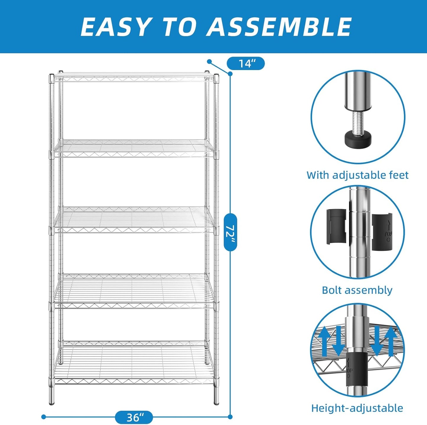 5-Shelf Adjustable Metal Shelf Wire Shelving Unit Storage Rack Display Shelf for