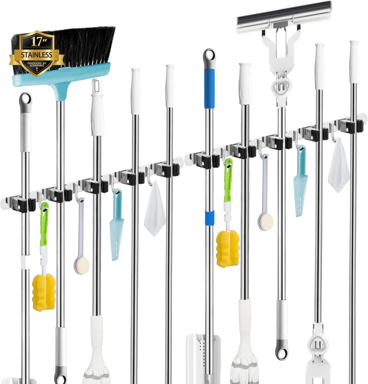 2 Pack Mop and Broom Holder Wall Mount, 5 Racks and 4 Hooks Broom Organizer Storage Tool Racks