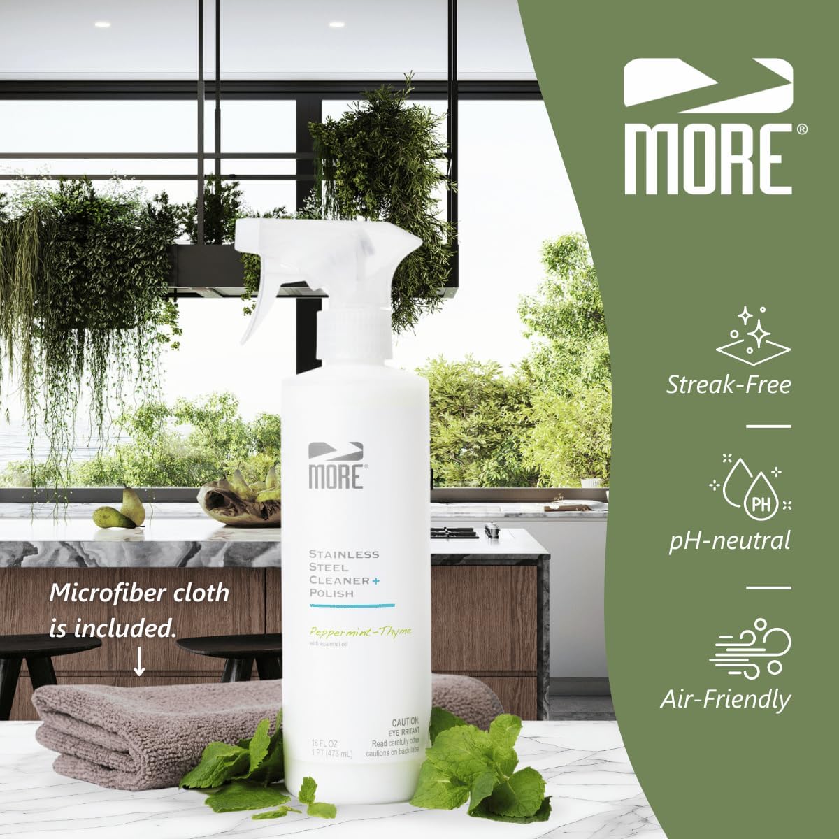 MORE - Stainless Steel Cleaner & Polish Spray + Microfiber Cloth - Stainless Steel Cleaner for