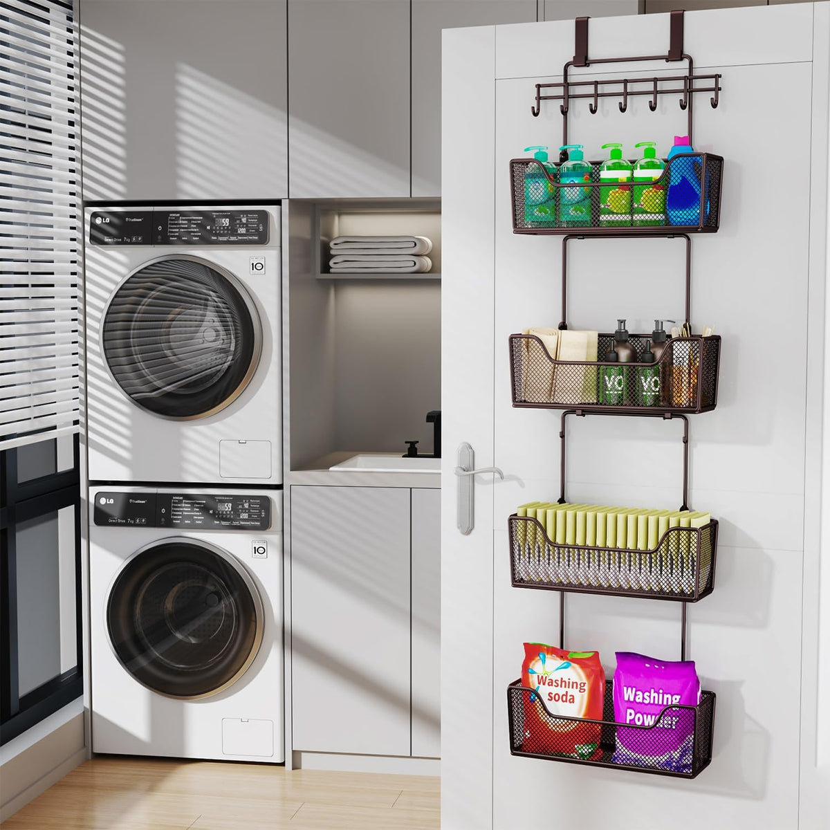 HapiRm Over The Door Organizer - Hanging Door Organizer with 4 Metal Large Capacity Baskets and