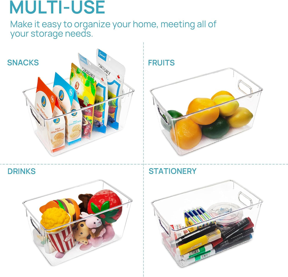Vtopmart Clear Plastic Pantry Organizer Bins, 2 PCS Food Storage Bins with Handle for Refrigerator