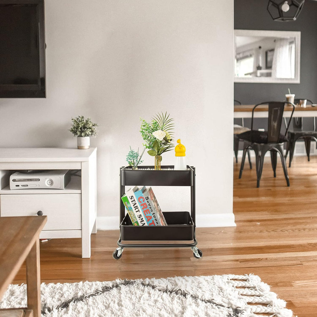 Melody House 2-Tier Metal Utility Rolling Cart Storage Organizer with Cover Board Mobile Trolley