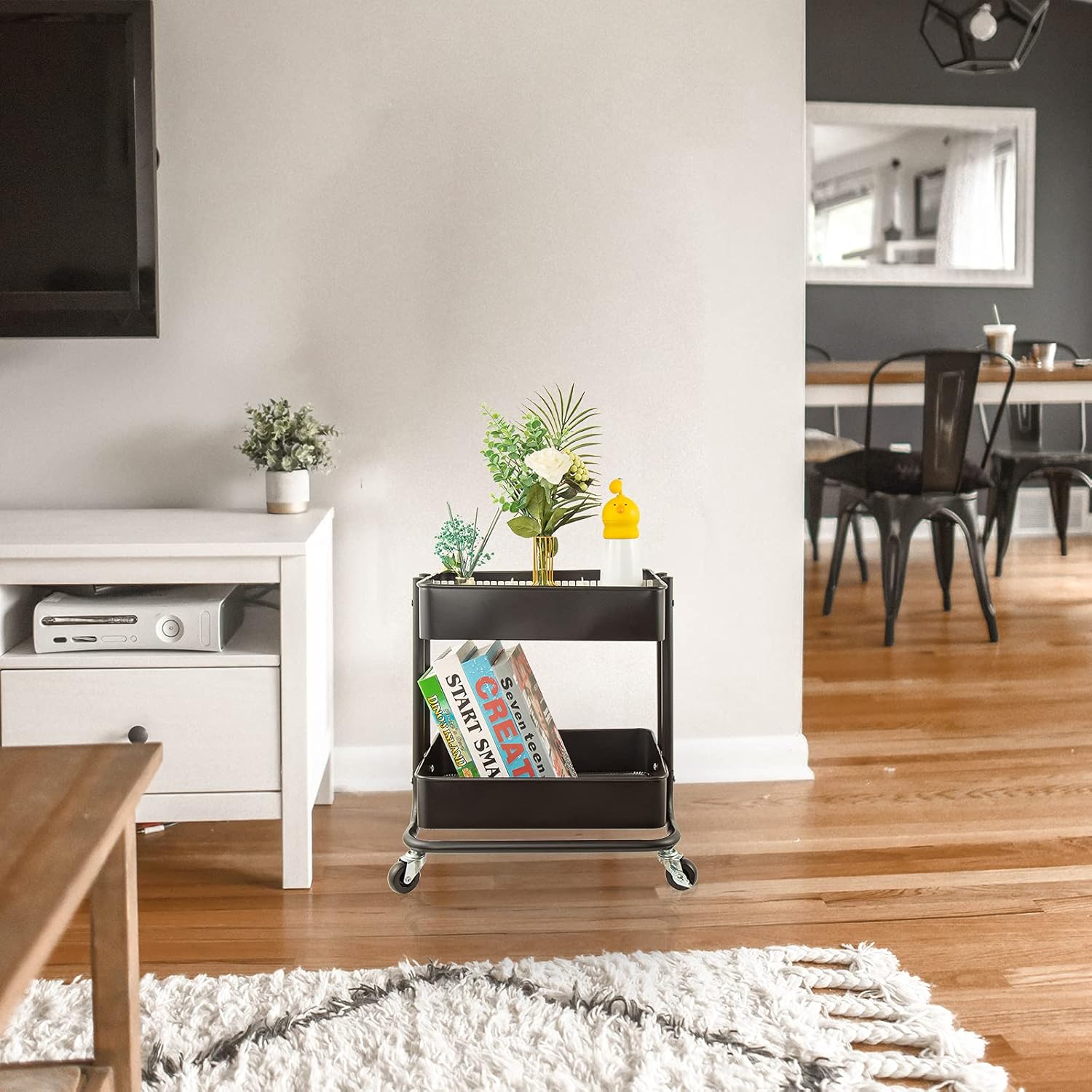 Melody House 2-Tier Metal Utility Rolling Cart Storage Organizer with Cover Board Mobile Trolley