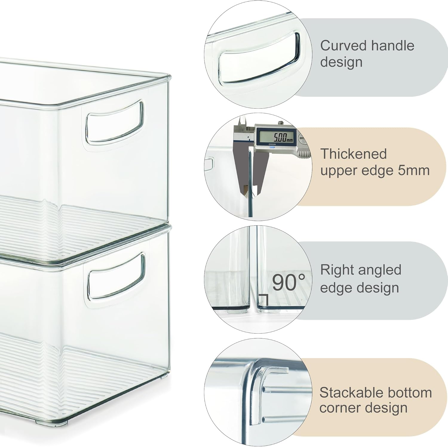 2 Pack Clear Freezer Organizer Bins Stackable Storage Bins with Side Handles for Kitchen Pantry