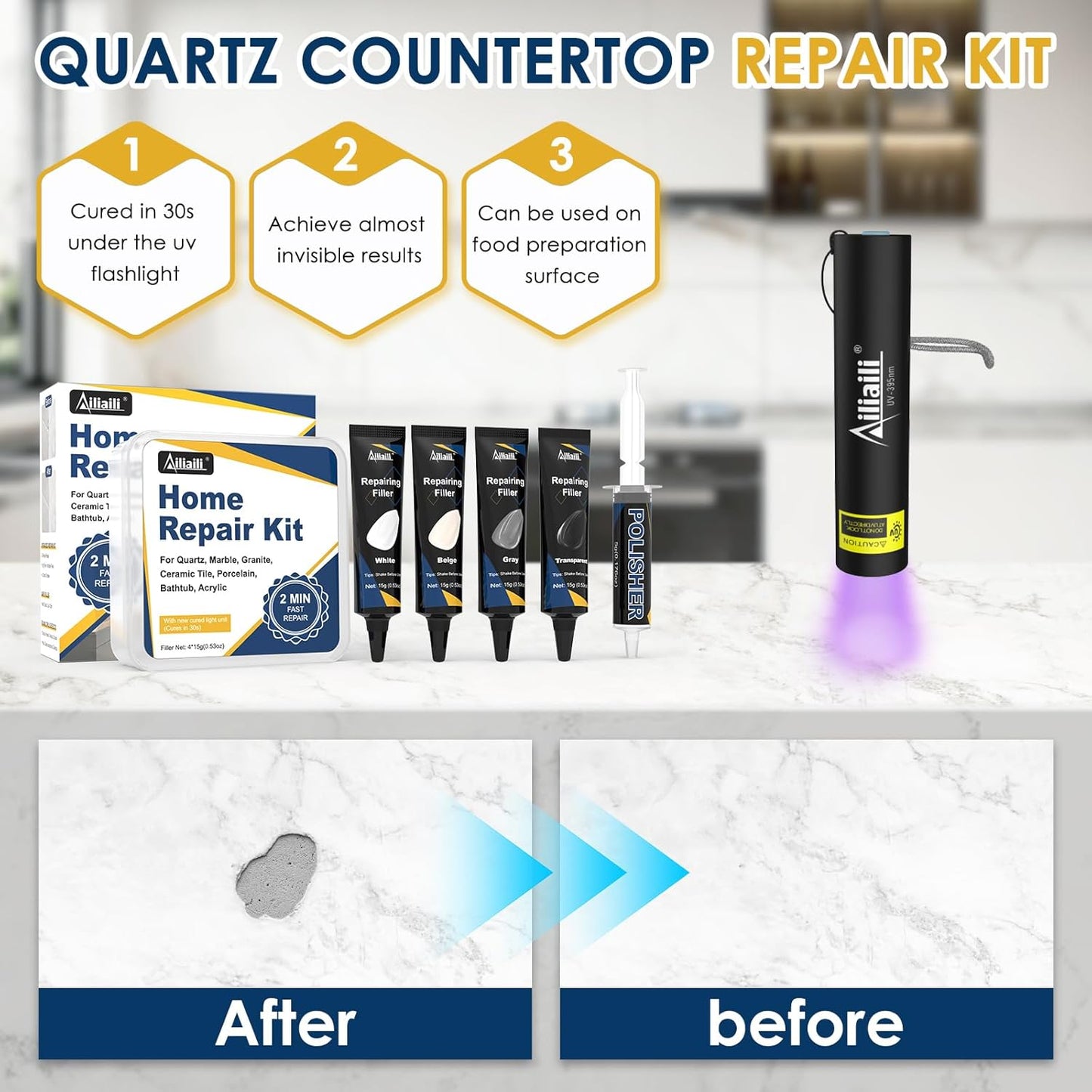 Quartz Countertop Repair Kit, Granite & Marble Repair Kit with 4*15g Filler(White,Beige