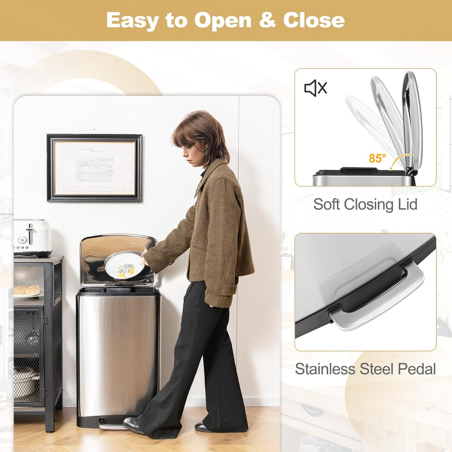 S AFSTAR 13.2 Gal Step Trash Can, 50 Liter Stainless Steel Pedal Trash Bin W/Lock Device & Soft