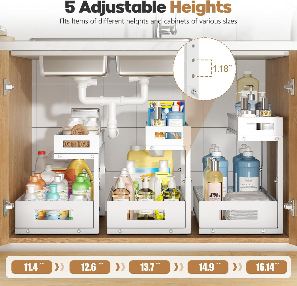 2 Pack 17IN Depth Under Sink Storage Organizer, Large 2-Tier Elegant Mesh Pull Out Shelf for
