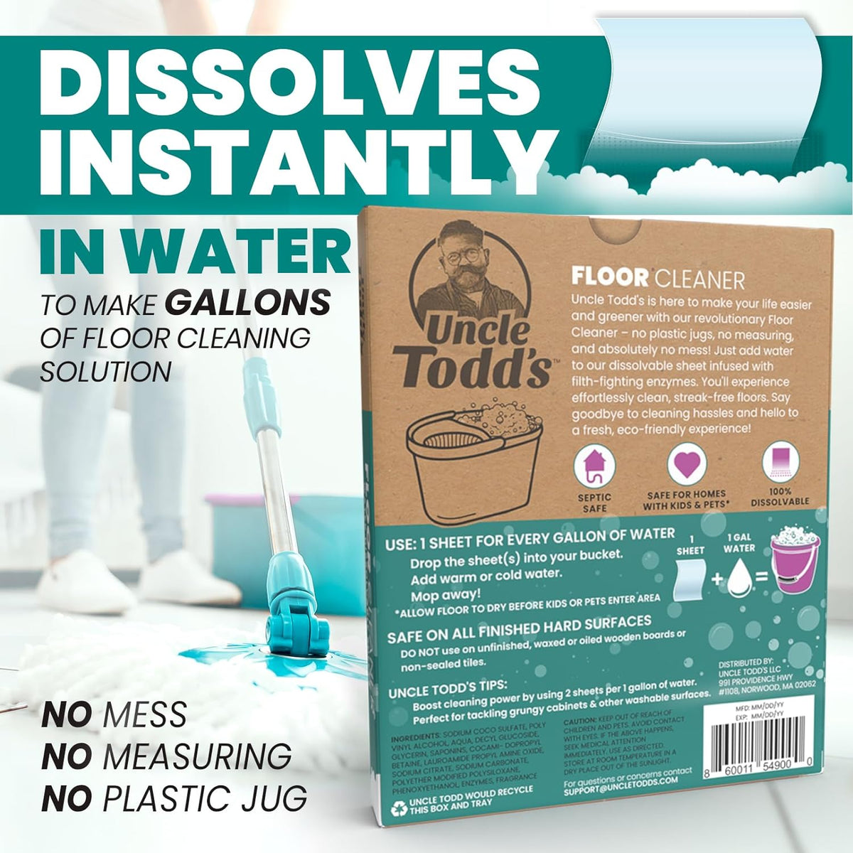 Uncle Todd's Ultra Concentrated Floor Cleaner For Mopping: 30 Natural, 100% Dissolvable Sheets for