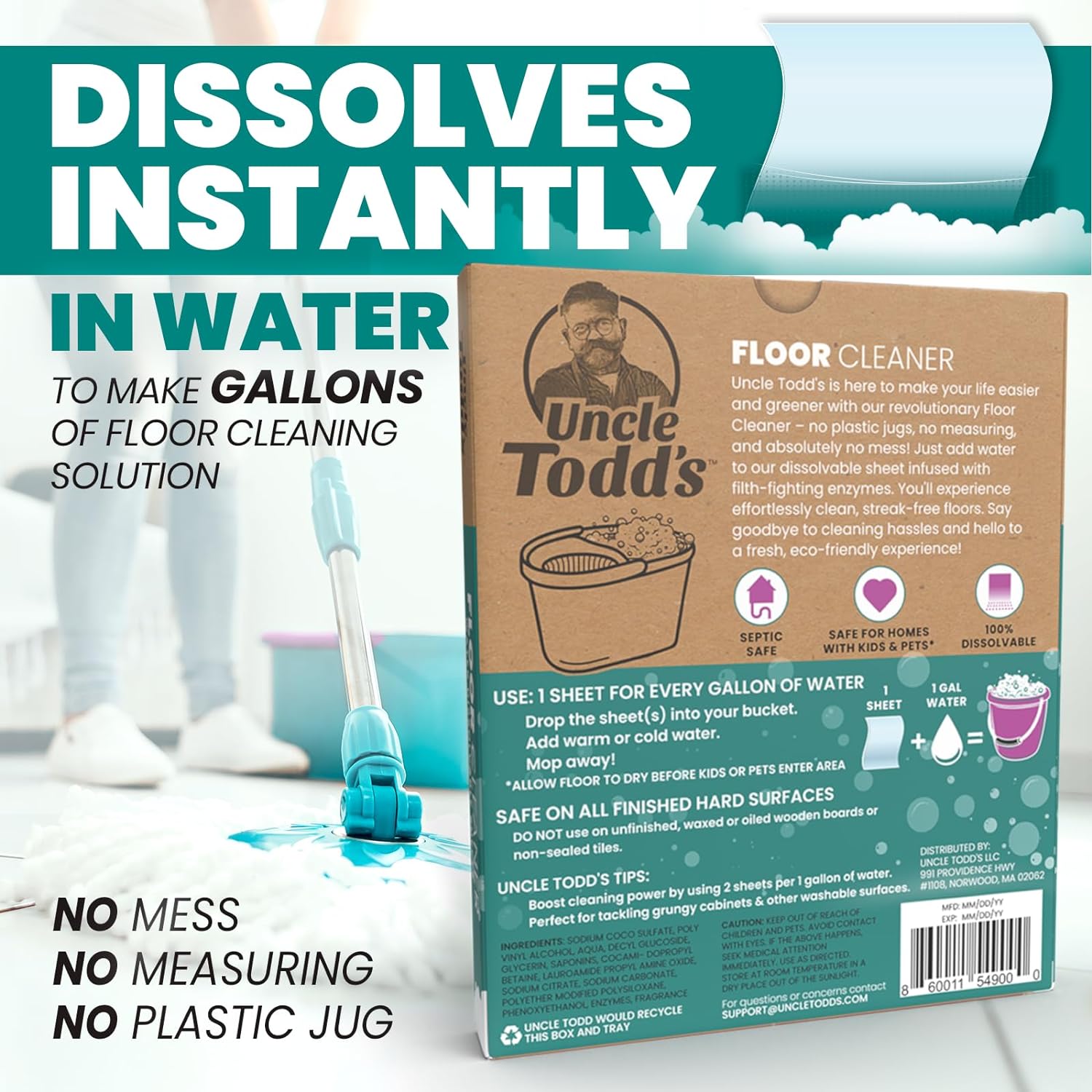 Uncle Todd's Ultra Concentrated Floor Cleaner For Mopping: 30 Natural, 100% Dissolvable Sheets for