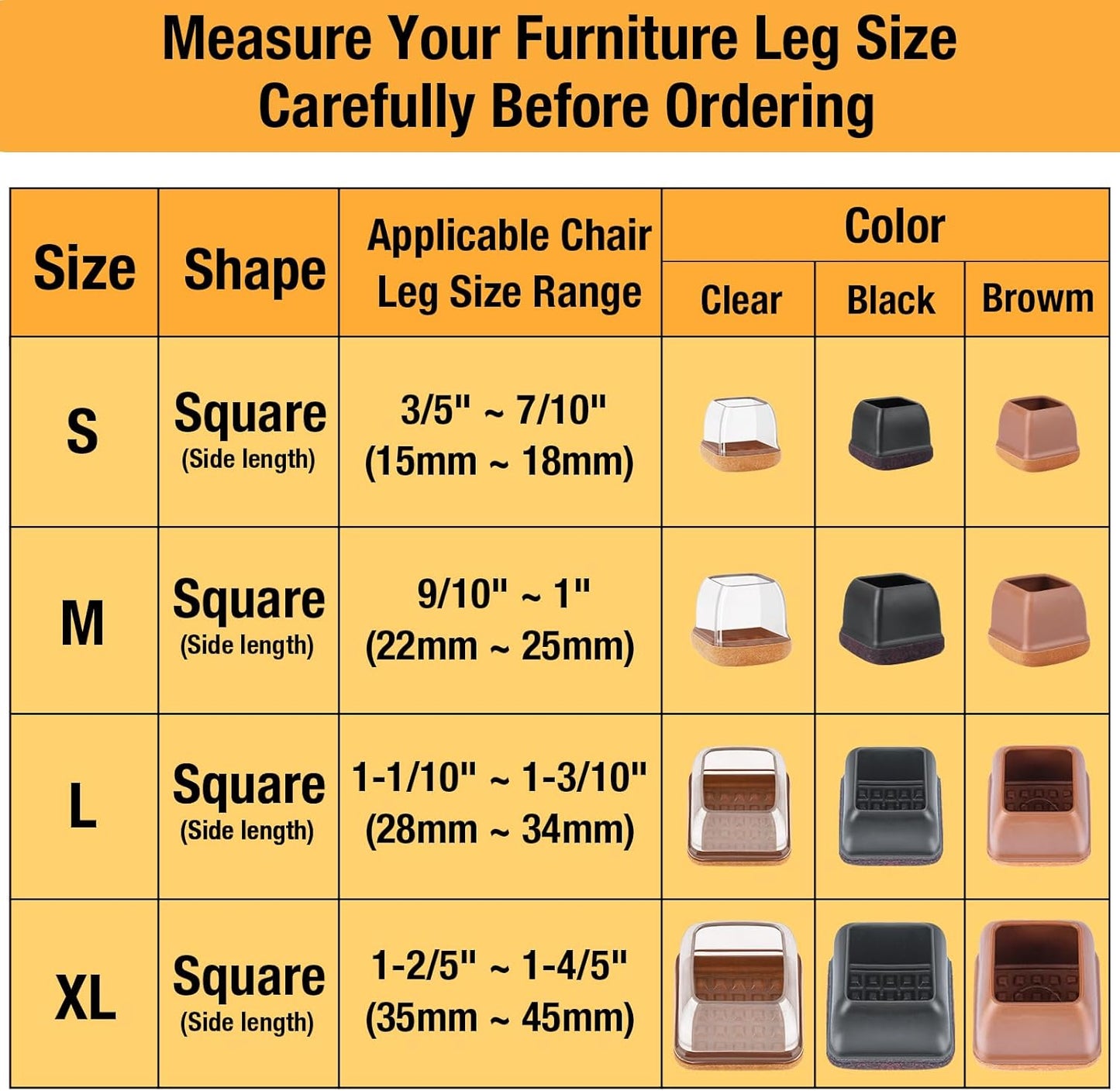 16 Pcs Extra Large Square Chair Leg Floor Protectors, Silicone Chair Leg Protectors for Hardwood
