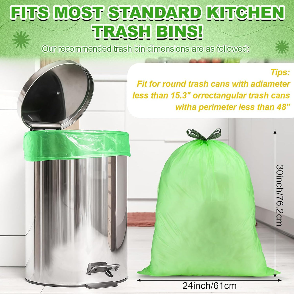 200 Count 13 Gallon Compostable Trash Bags with Drawstring Heavy Duty Extra Thick 1 Mil Kitchen