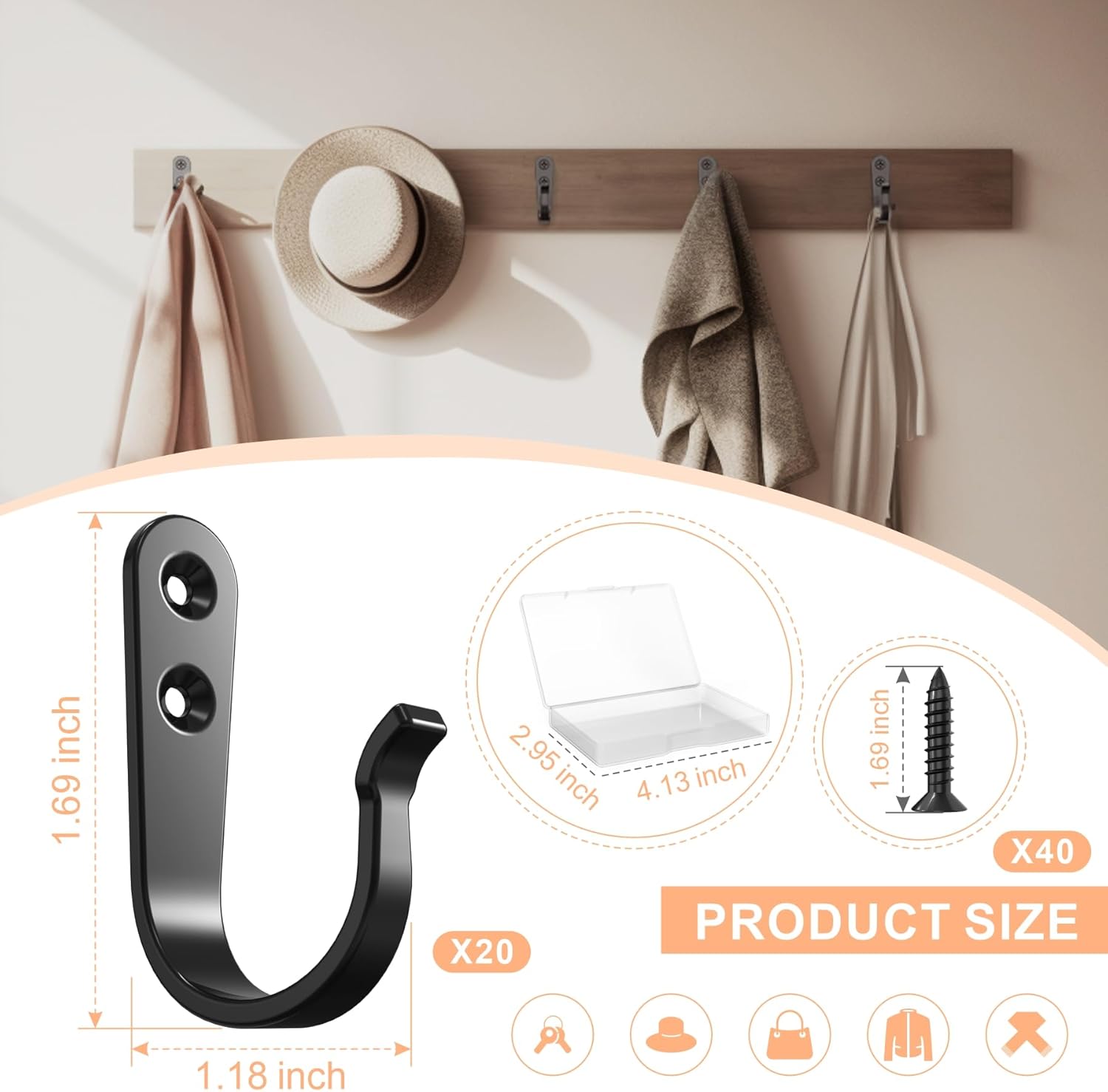 20PCS Heavy Duty Metal Coat Hooks for Wall, Single Prong Hanging Hooks with 40 Screws for Towels