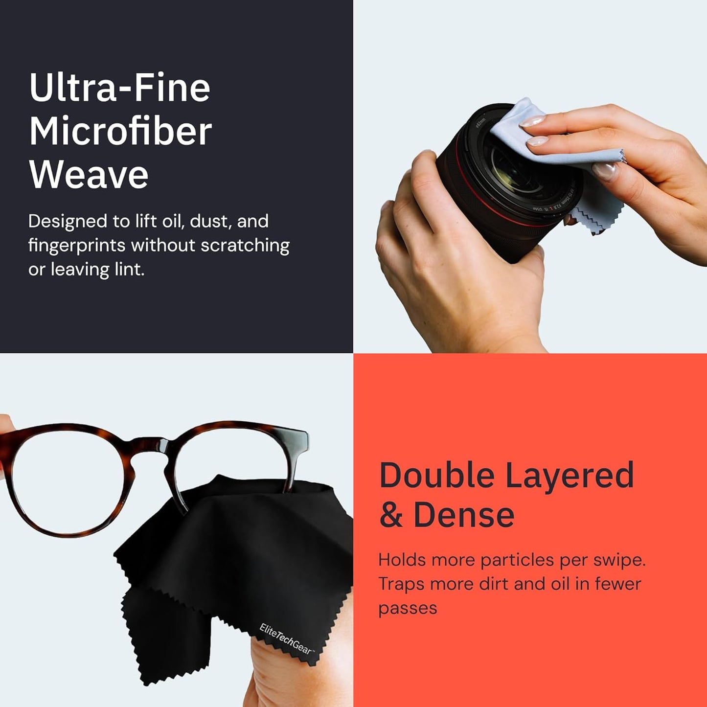 Elite Screens Microfiber Cleaning Cloth for Glasses & Electronics - 12" x 12", Pack of 4, Black