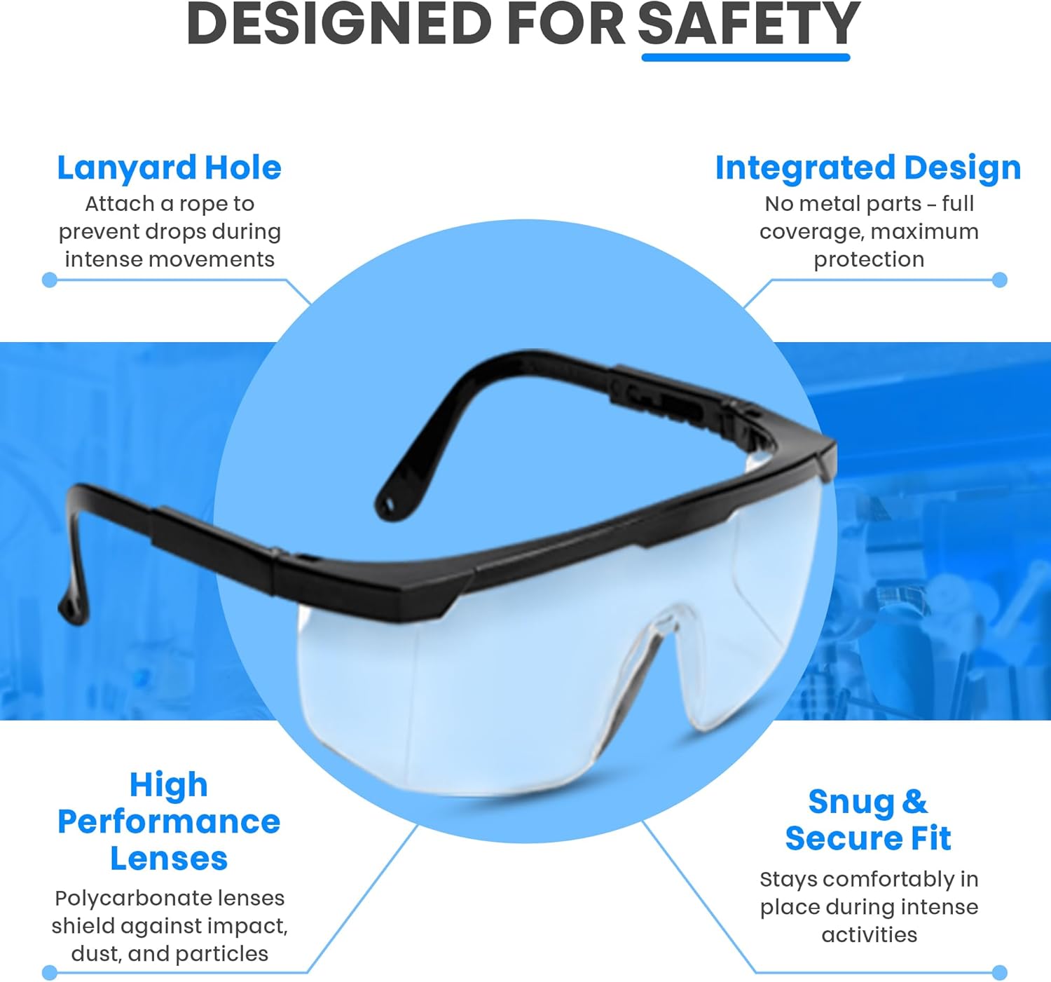 Safety Glasses, Full Coverage Lens, Built-in Brow Guard, UV Resistant, Anti-Fog, Anti-Scratches
