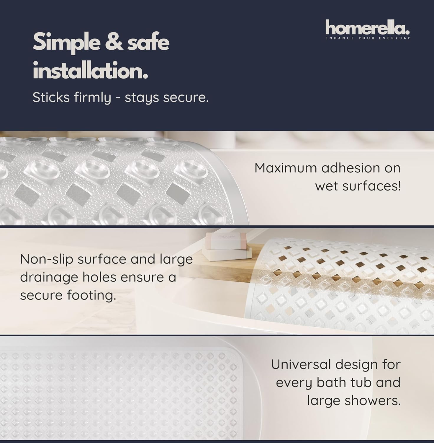 homerella® Bathtub Mat Non Slip 35x16, Incl. Hooks for Drying, Extra Long, 100% BPA Free, Shower