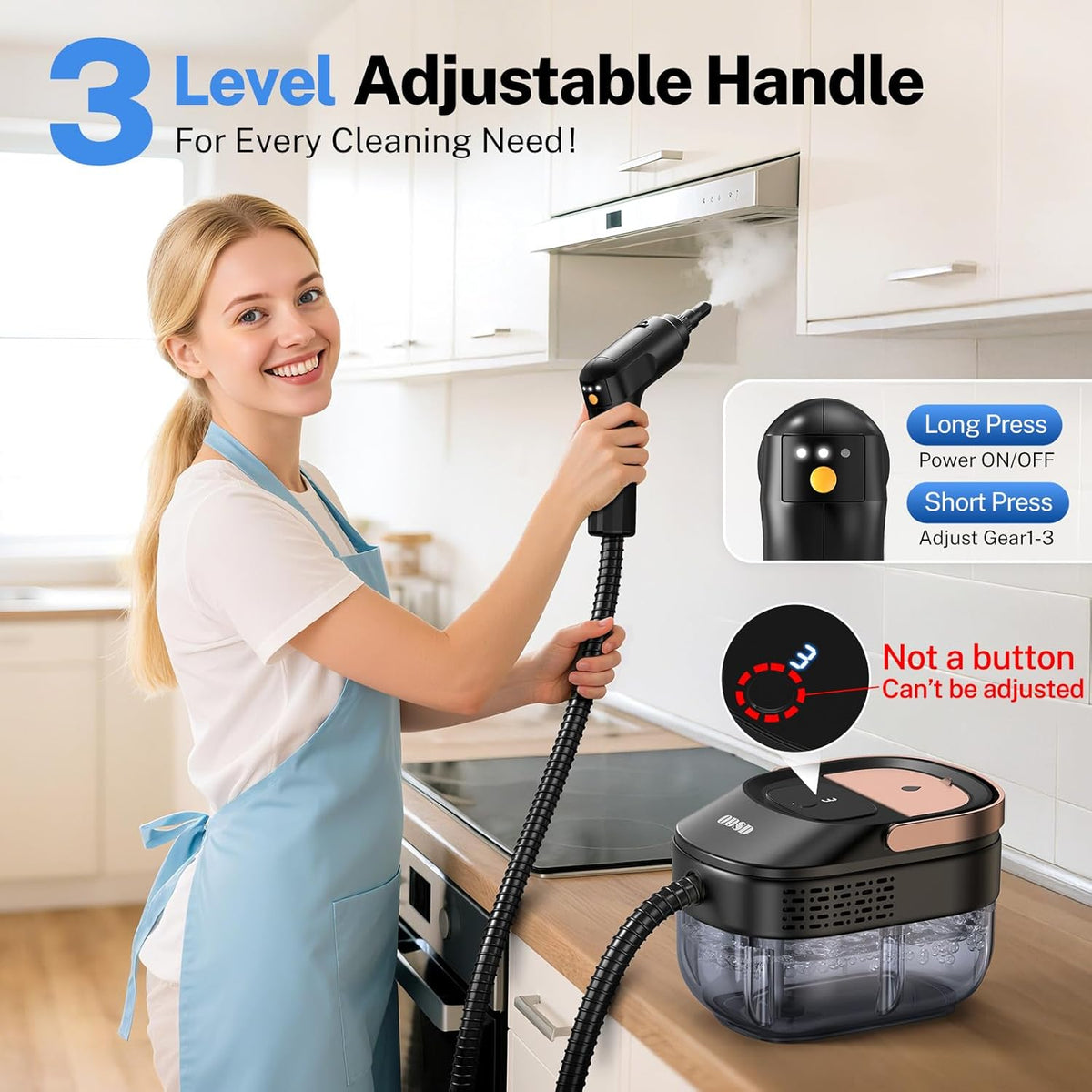 ODSD Steam Cleaner for Home & Car, 3-Level Adjustable Steamer for Cleaning, 15s Heat-Up & 1.6L