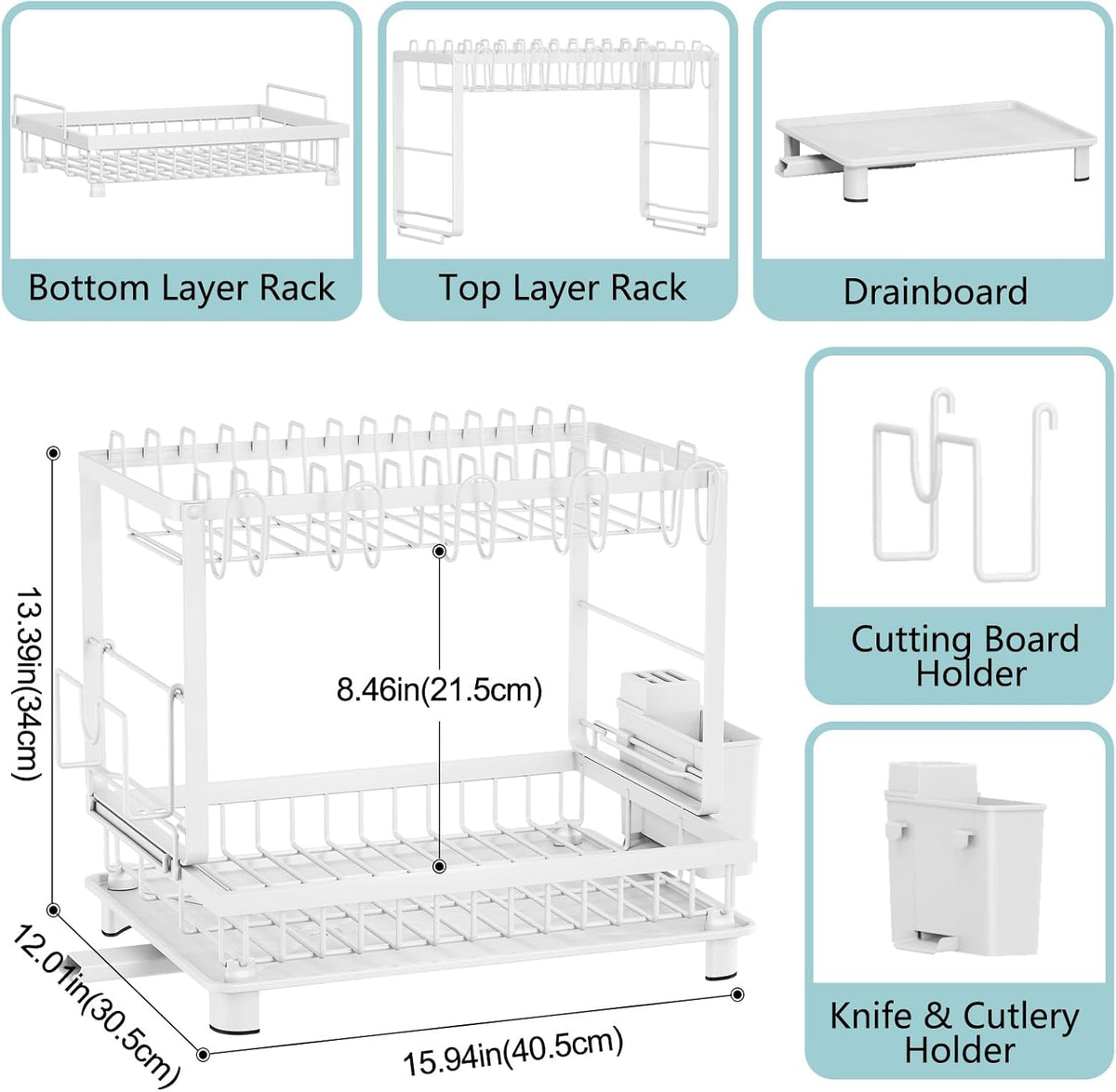 Multifunctional Dish Drying Rack - Rustproof, 2-Tier Dish Racks with Drainboard, Space-Saving