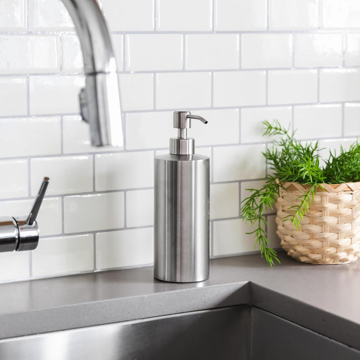 Silver Soap Dispenser Stainless Steel for Bathroom and Kitchen Sink, 15oz Refillable Round