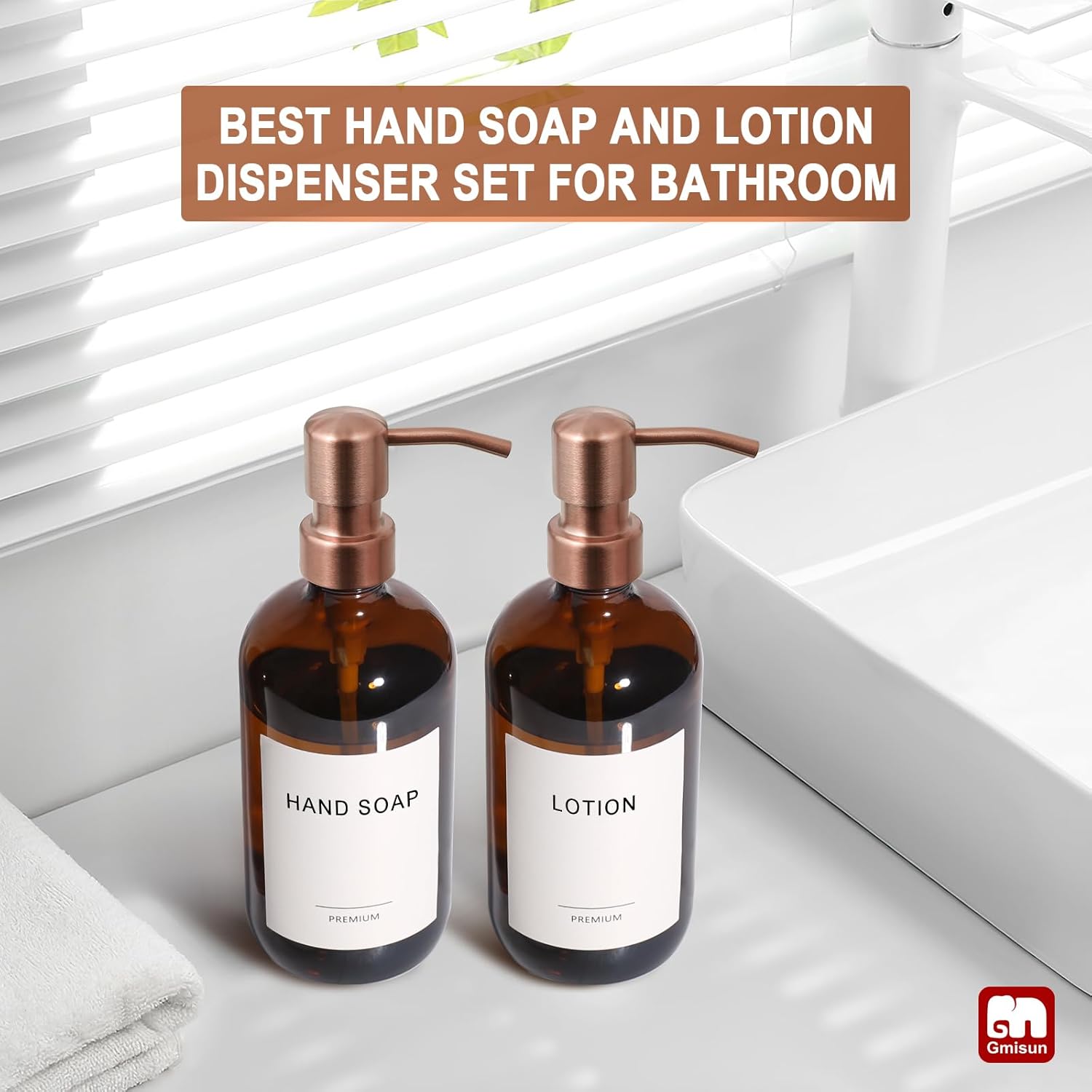 GMISUN Amber Glass Soap Dispenser, 2 Pack Bathroom Hand Soap Dispensers with Rose Gold Pump, 17 Fl