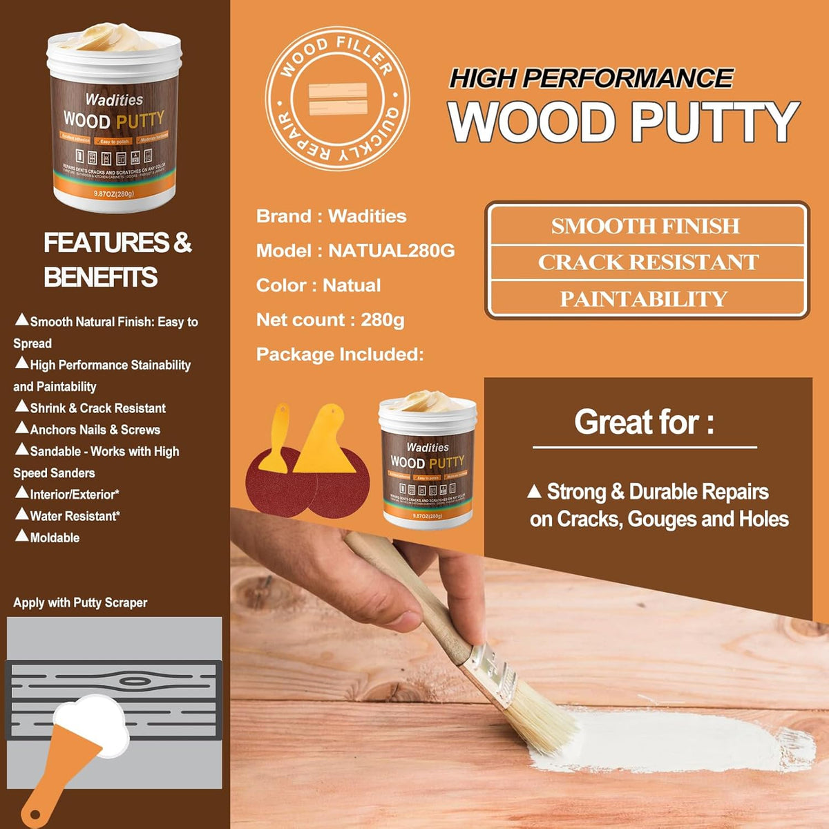 Natual Wood Filler, Natual Wood Putty, Paintable Stainable Wood Repair Putty, 9.87 Ounce Wood