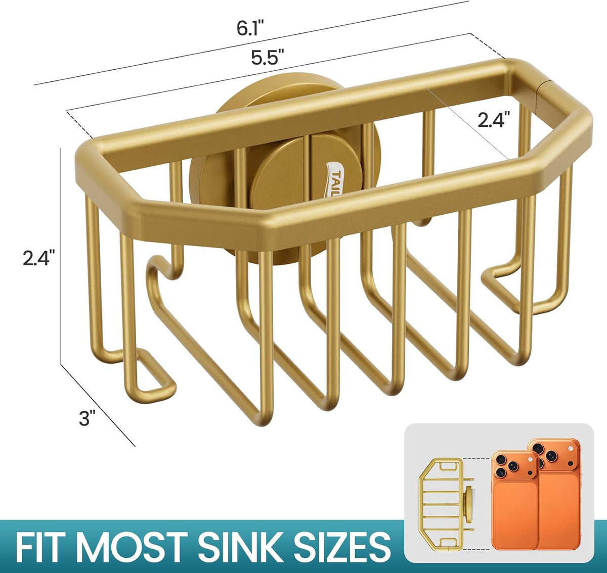 TAILI Sponge Holder for Kitchen Sink with Strong Suction Cup, Rustproof Aluminum Sink Caddy for