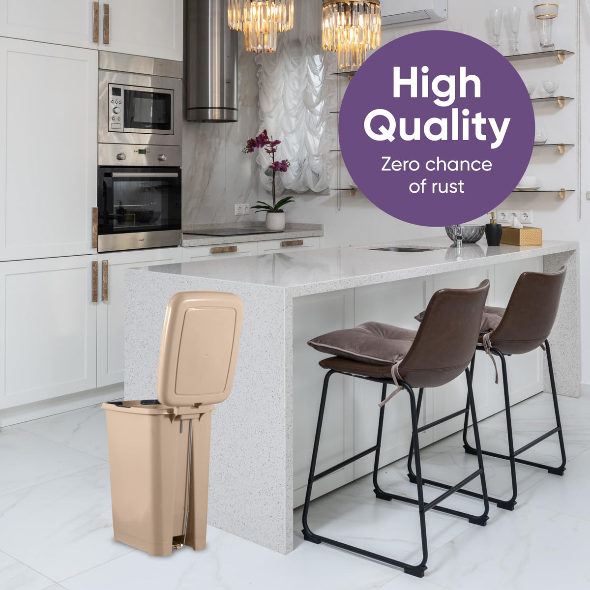 Superio Slim Step On Trash Can, Beige Waste Bin with Foot Pedal Lid 26 Liter, Kitchen, Under Desk
