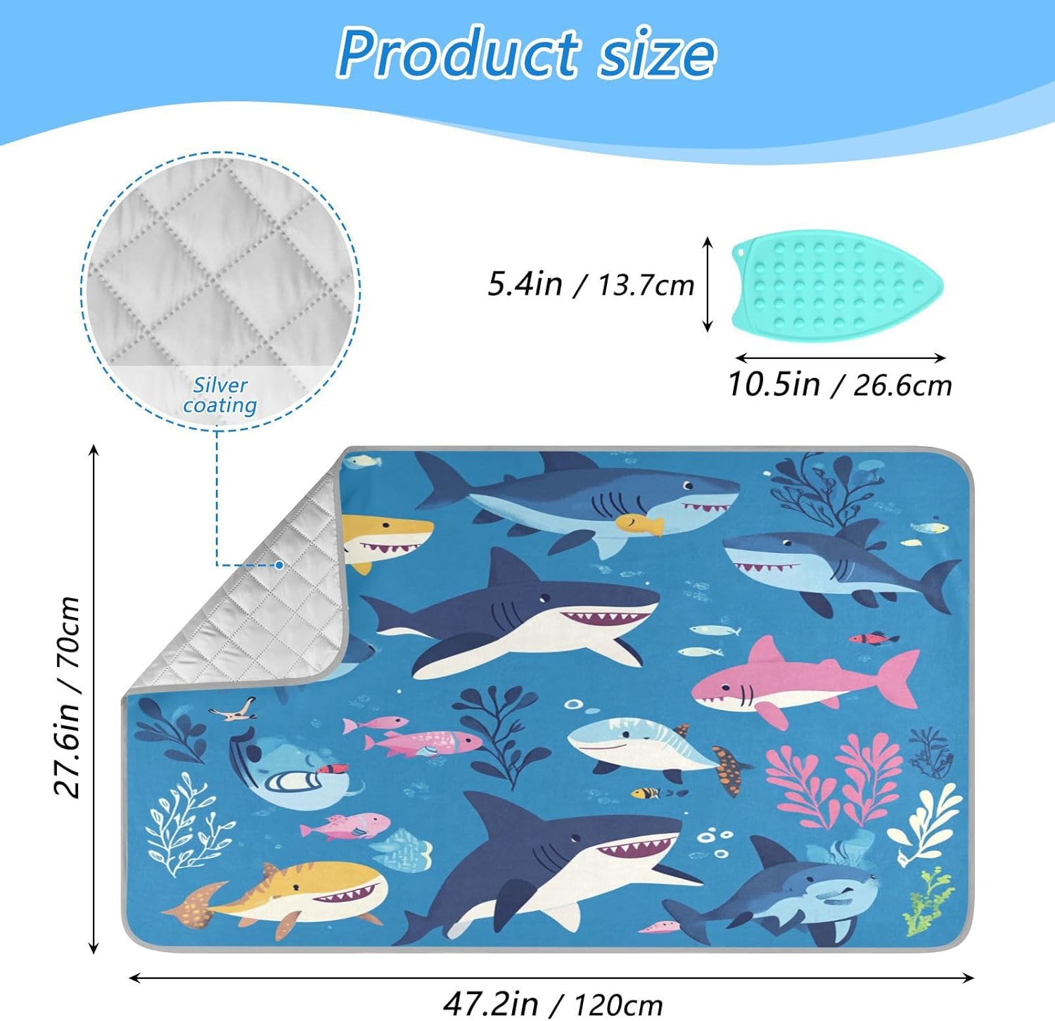 Sharks Fishes and Seaweed Blue Ironing Mat Thickened Ironing Blanket Travel Portable Double-Side