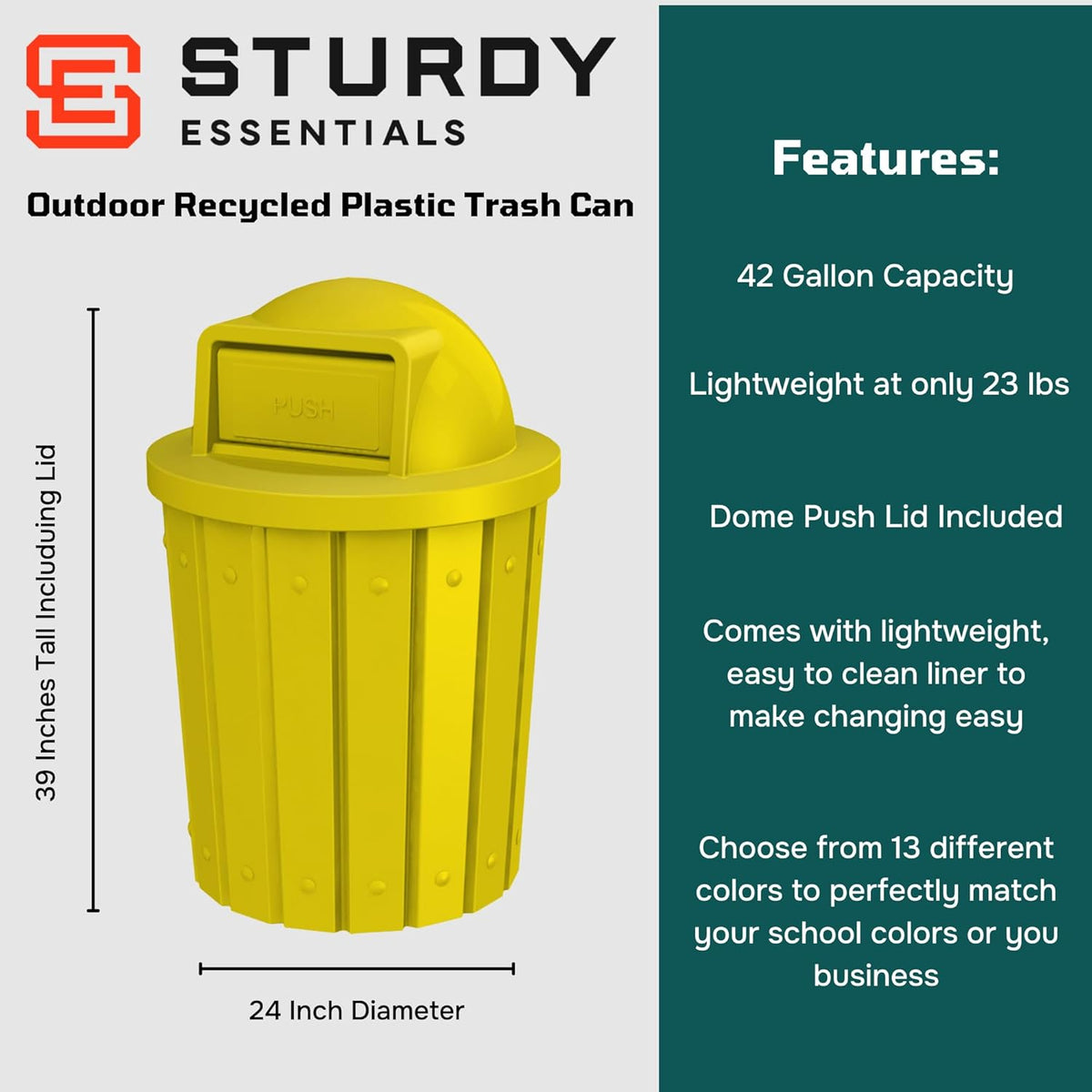 42 Gallon Slatted Circle 100% Recycled Plastic Commercial Outdoor and Indoor Trash Can with Push