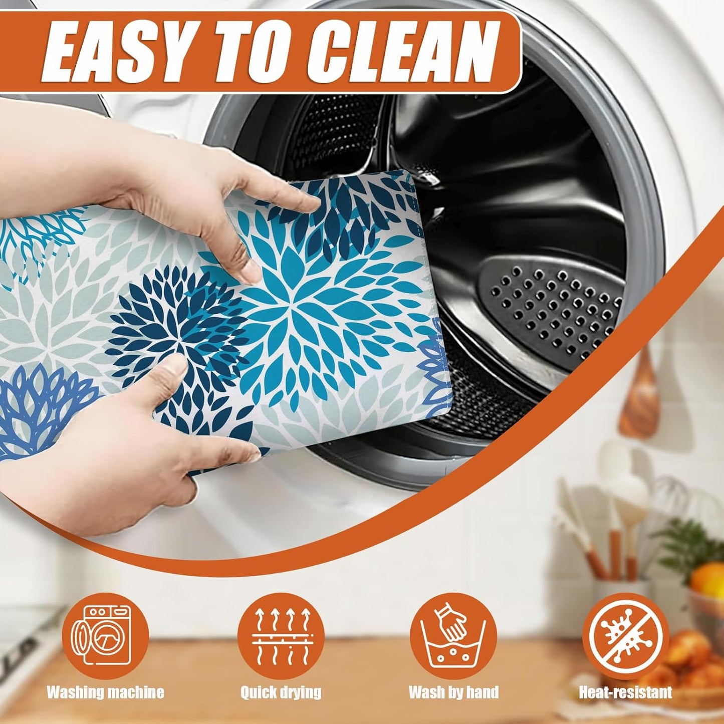 Blue Floral Dish Drying Mat for Kitchen Counter Microfiber Absorbent Dish Kitchen Drying Mat