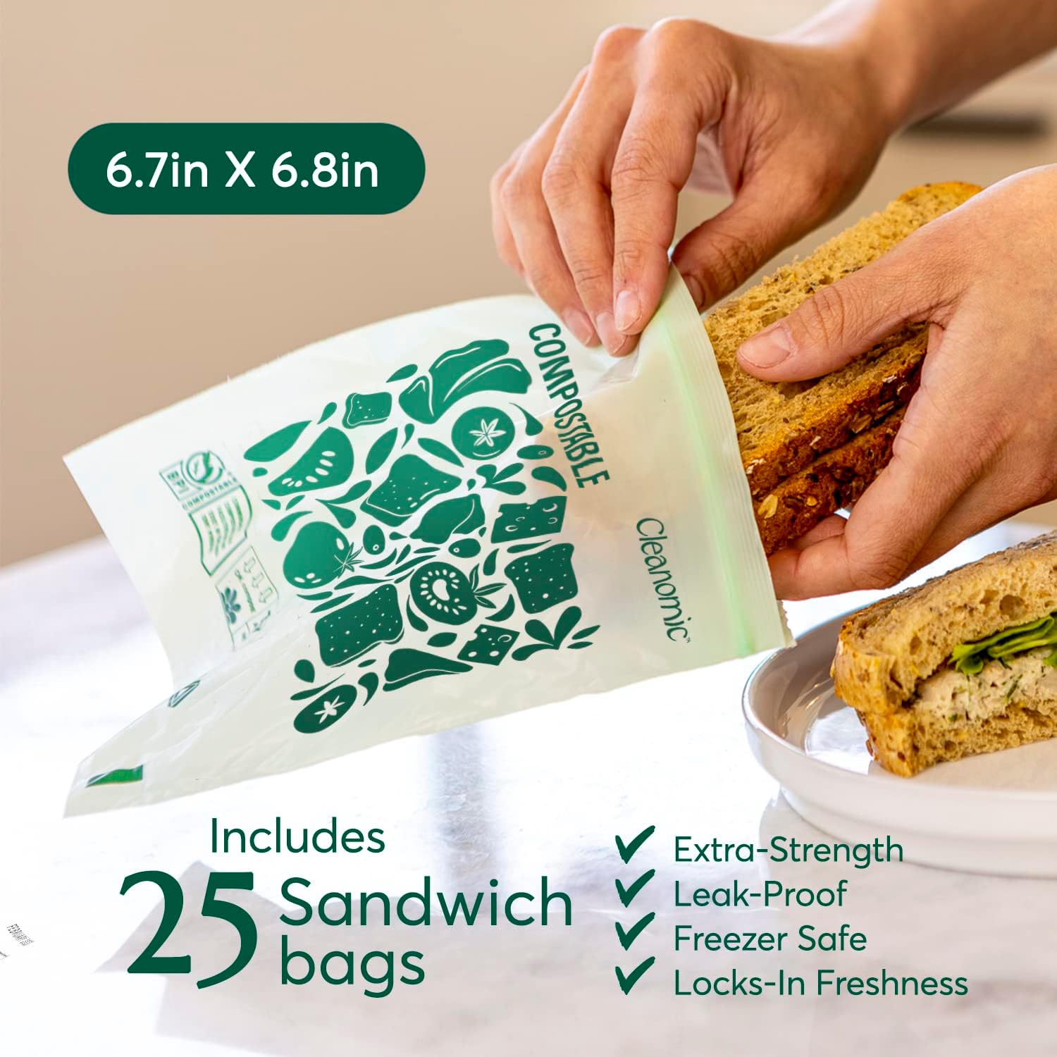 Cleanomic Compostable* Sandwich Size Food Storage Bags (25 Eco Zip) Freezer and Leak Proof, Also