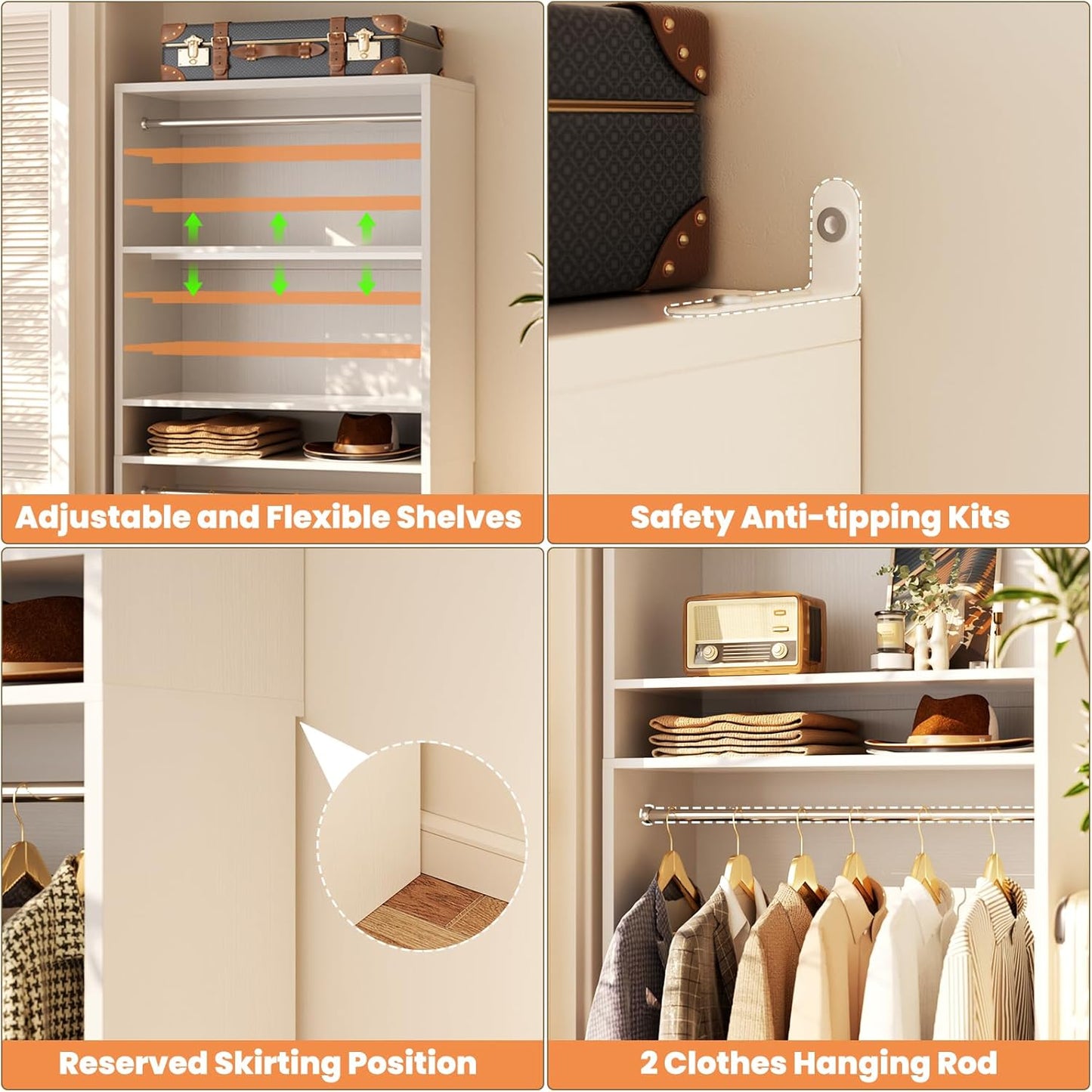 Unikito 3FT Freestanding Closet System with 2 Hanging Rods & Adjustable Shelve, 36'' Wood Closet