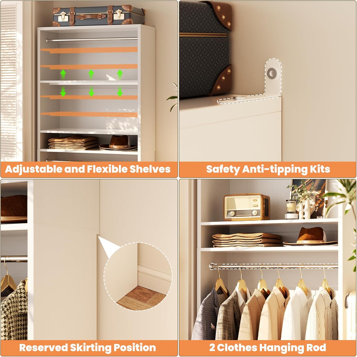Unikito 3FT Freestanding Closet System with 2 Hanging Rods & Adjustable Shelve, 36'' Wood Closet