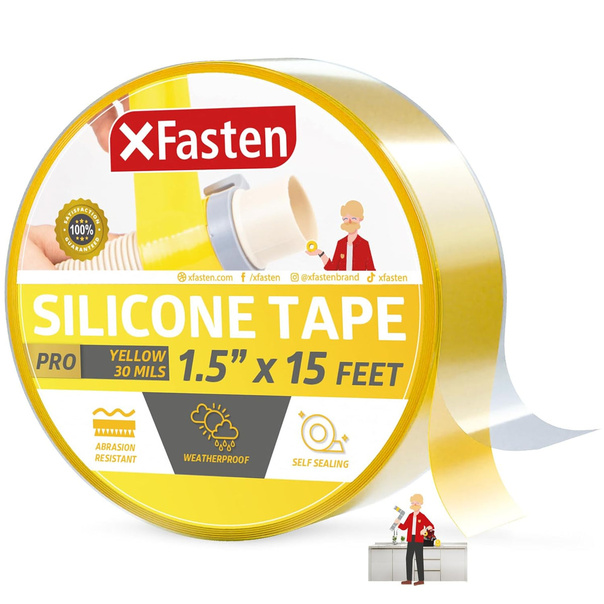 XFasten Self-fusing Silicone Tape Pro, Yellow, 1.5-Inch x 15-Feet, 30mils Non-Adhesive Thick