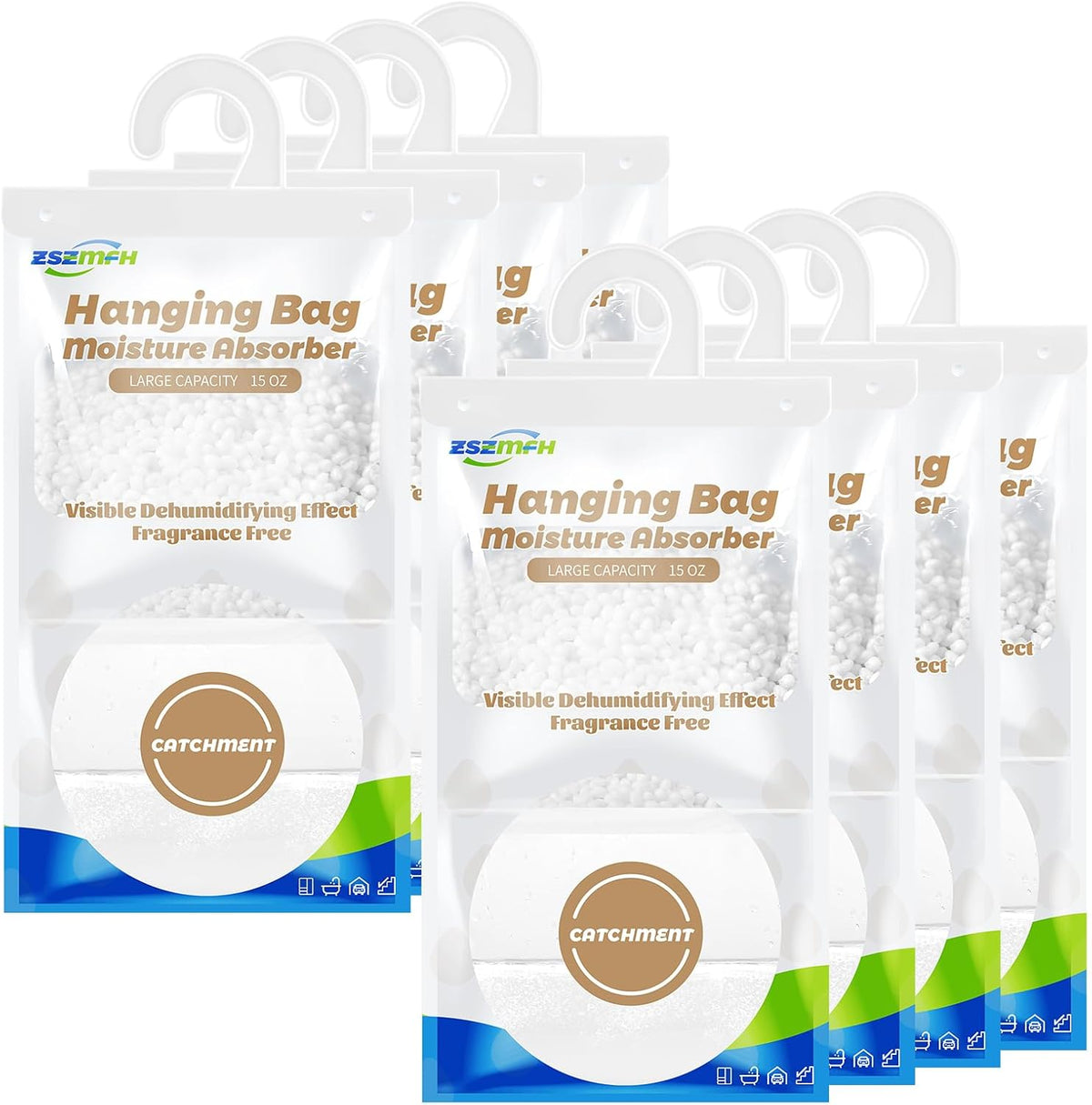 ZSZMFH 8 Pack Moisture Absorber Hanging Bags, Fragrance Free Humidity Packs, 15 OZ Dehumidifier