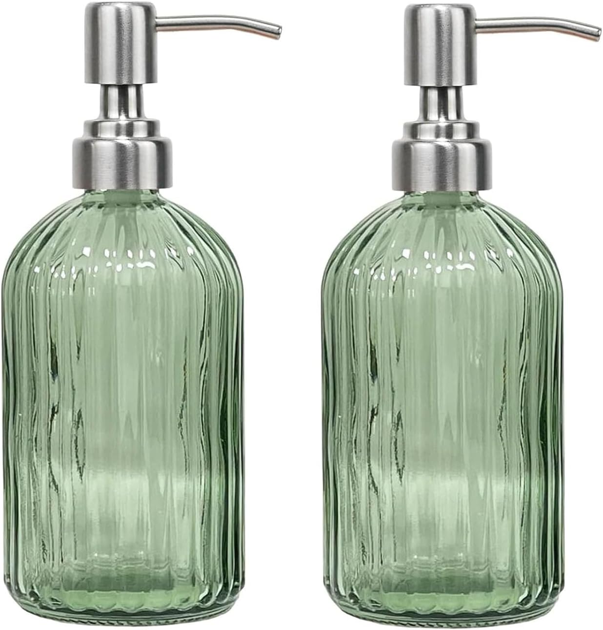 14Oz Green Soap Dispenser Bathroom - 2 Pack, Clear Glass Hand Soap Dispensers with Stainless Steel