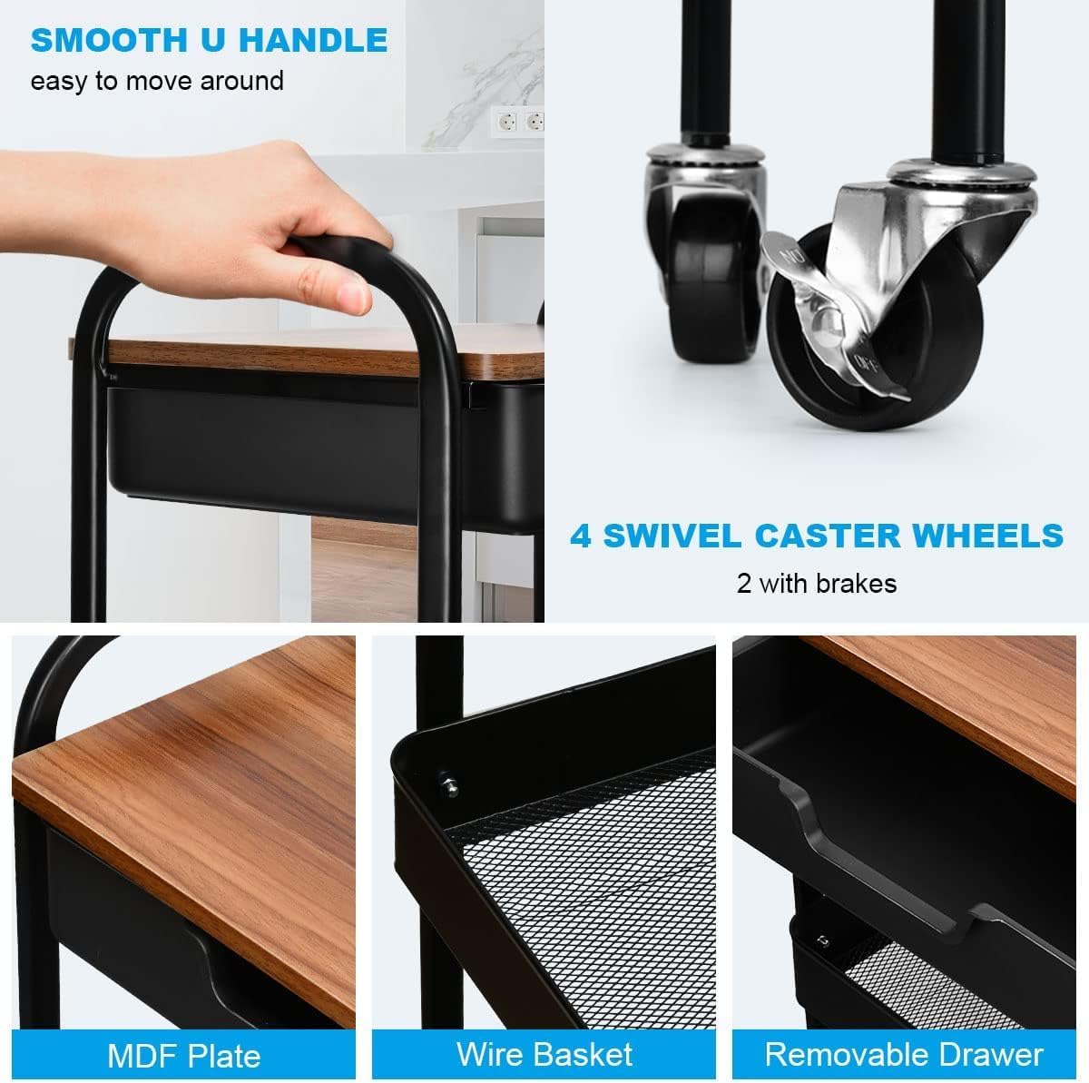 3 Tier Rolling Cart with Drawer, Metal Utility Cart on Wheels Storage Cart with Wood Top, Kitchen