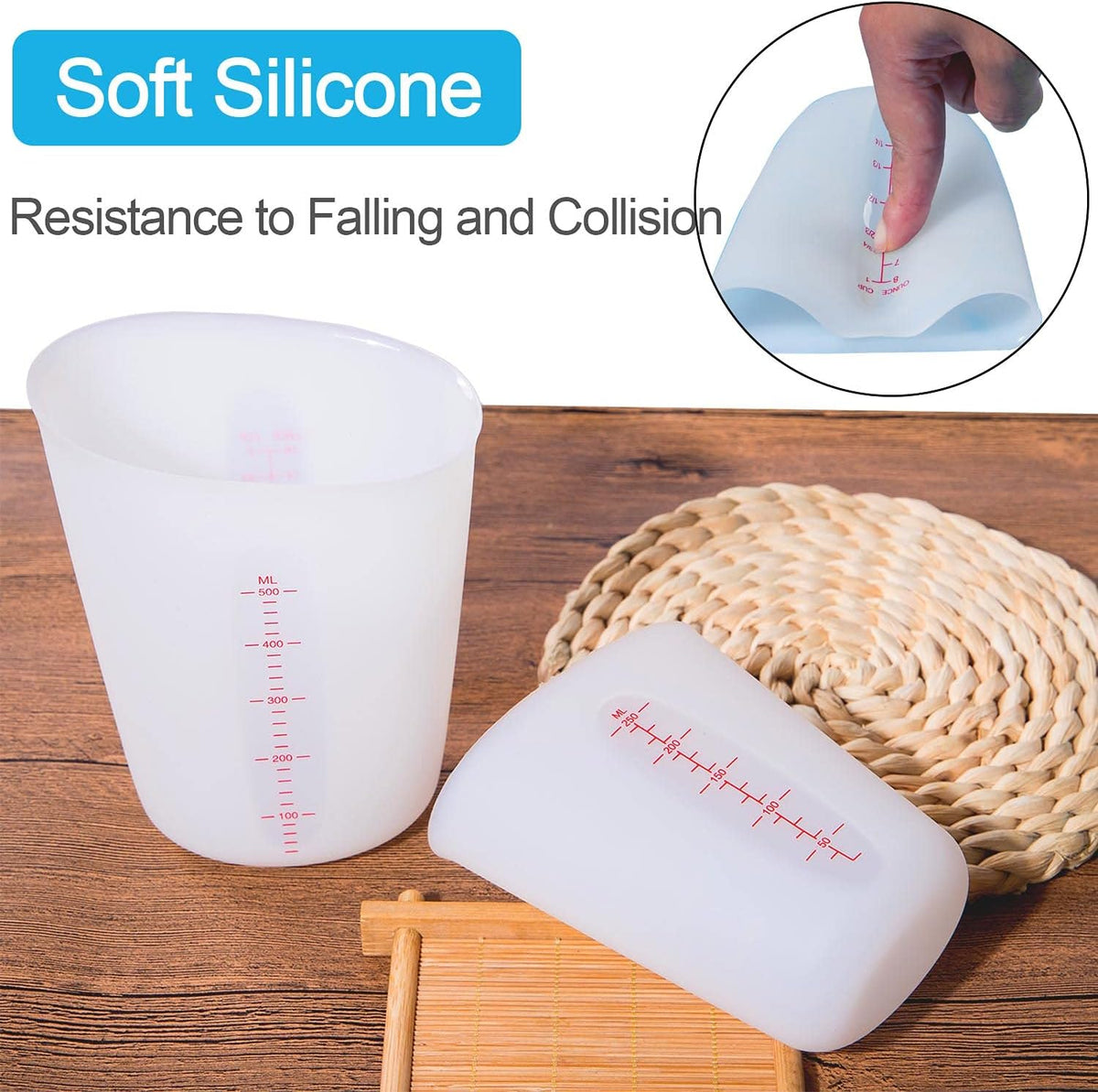 Silicone Measuring Cups, 500ml & 250ml Large Flexible Mixing Cups, 2 Cups Pour Baking Cups for