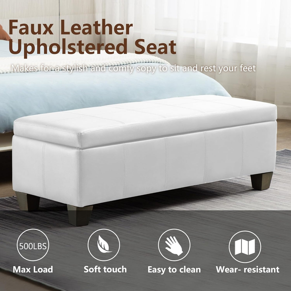 51 Inch Faux Leather Ottoman with Storage, End of Bed Bench with Large Storage, Rectangular Extra