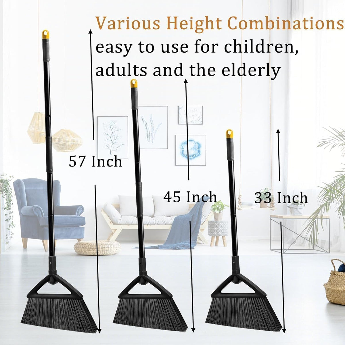 3PCS Heavy Duty Angle Broom, Long Pole Brooms for Indoor, Outdoor Sweeping, Kitchen to Courtyard
