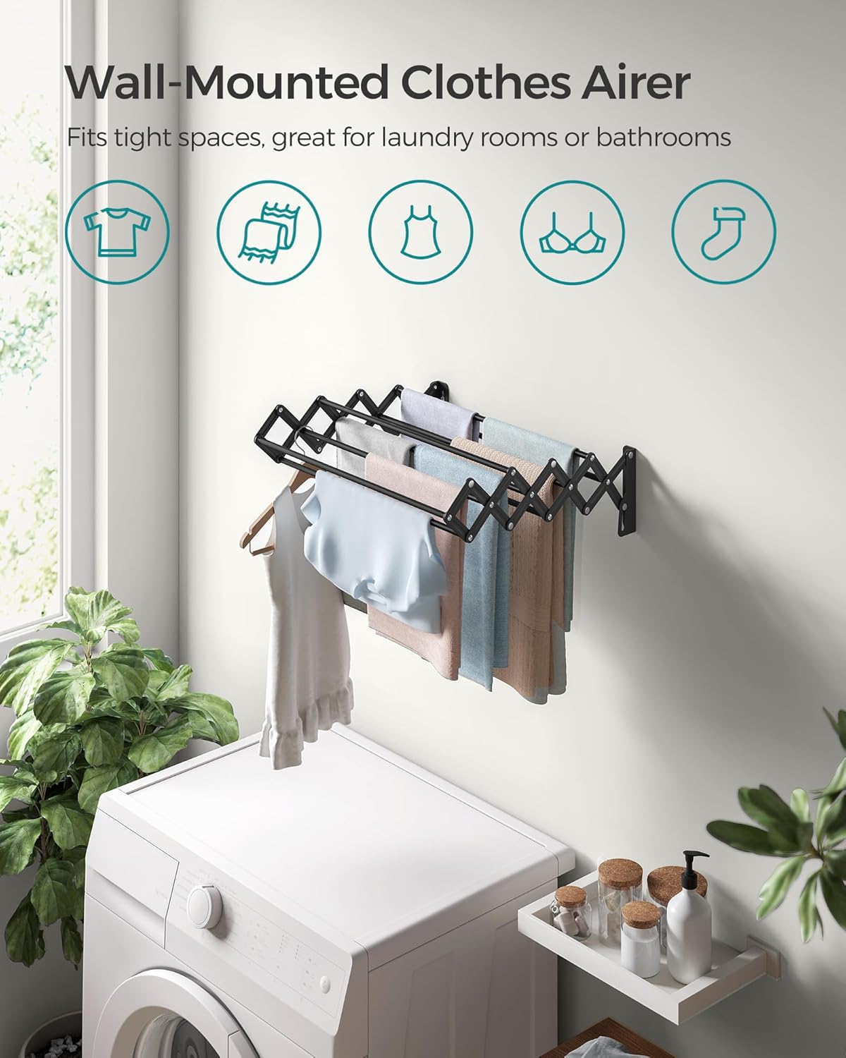 SONGMICS Clothes Drying Rack, Wall-Mounted Drying Rack Clothing, Small Accordion Laundry Rack, 9