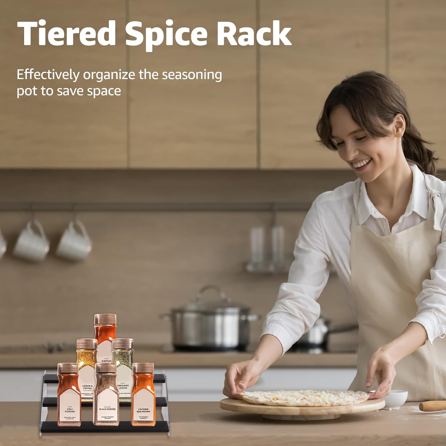 nianfeng Tiered Spice Rack, 3-Tier Spice Pantry Kitchen Cabinet Organizer, 12-Inch, Natural Wood