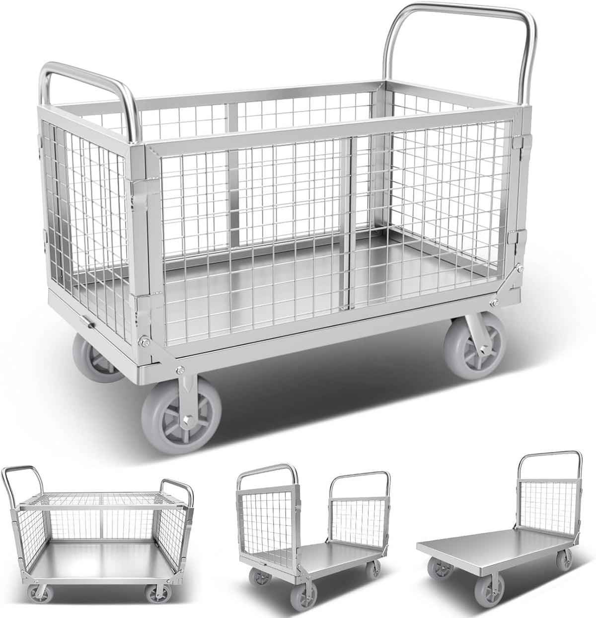 Platform Truck with Cage, 6 in1 Foldable Heavy Duty Steel Flatbed Cart, Large Utility Cart