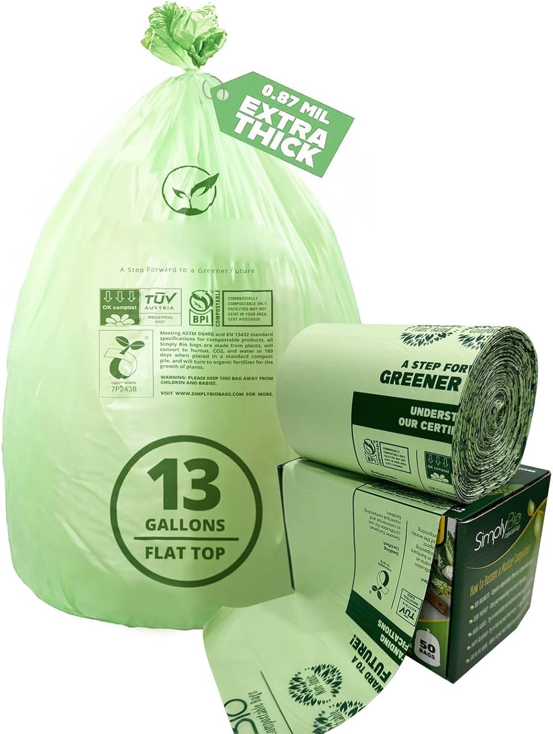 13 Gallon Compostable Trash Bags with Flat-Top, Thick 0.87 Mil, 49.21 Liter, 50 Bags, Tall Kitchen