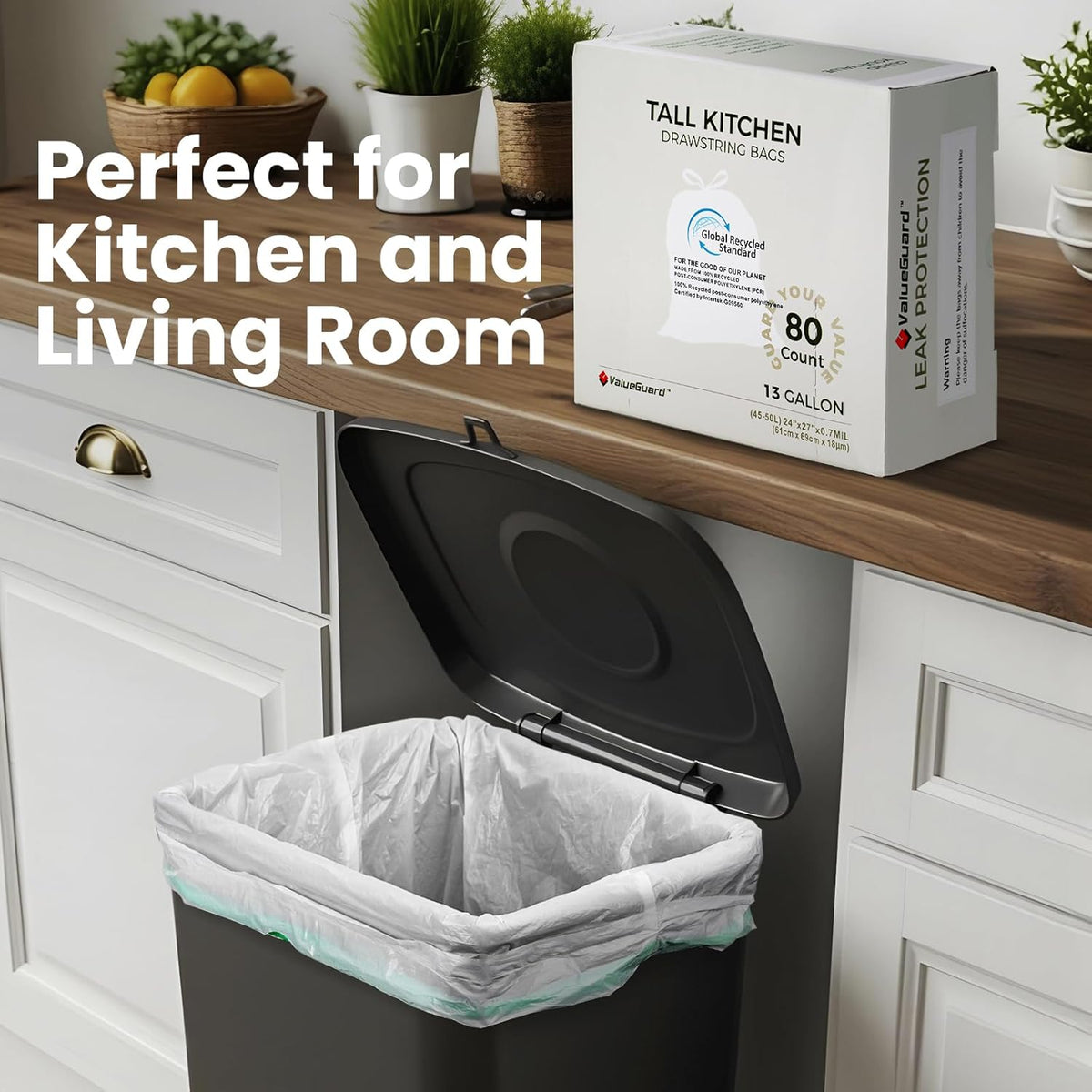 Large Trash Bag 13 Gallon Tall Drawstring 100% Post-Consumer Recycled Garbage Bag Waste Bag for