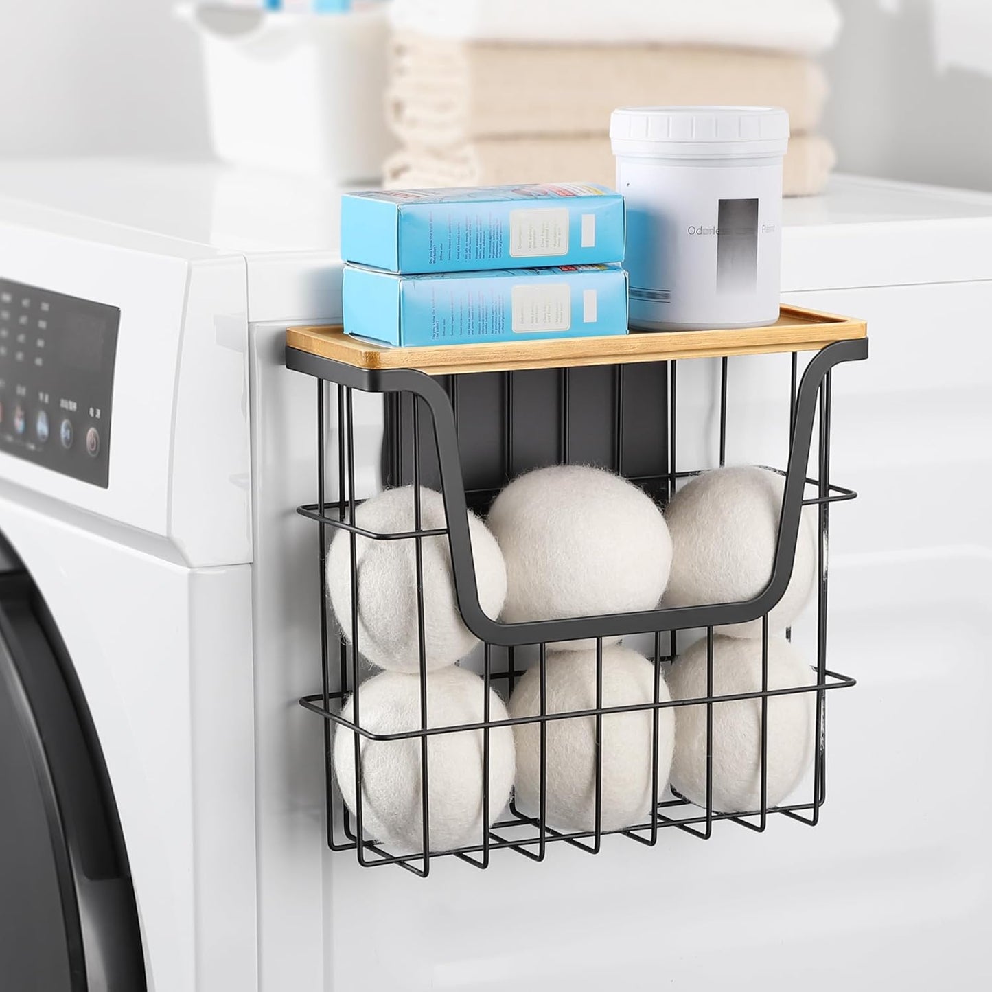 Magnetic Dryer Ball Holder - Black Basket for Laundry Room Organization and Storage with Bamboo Top