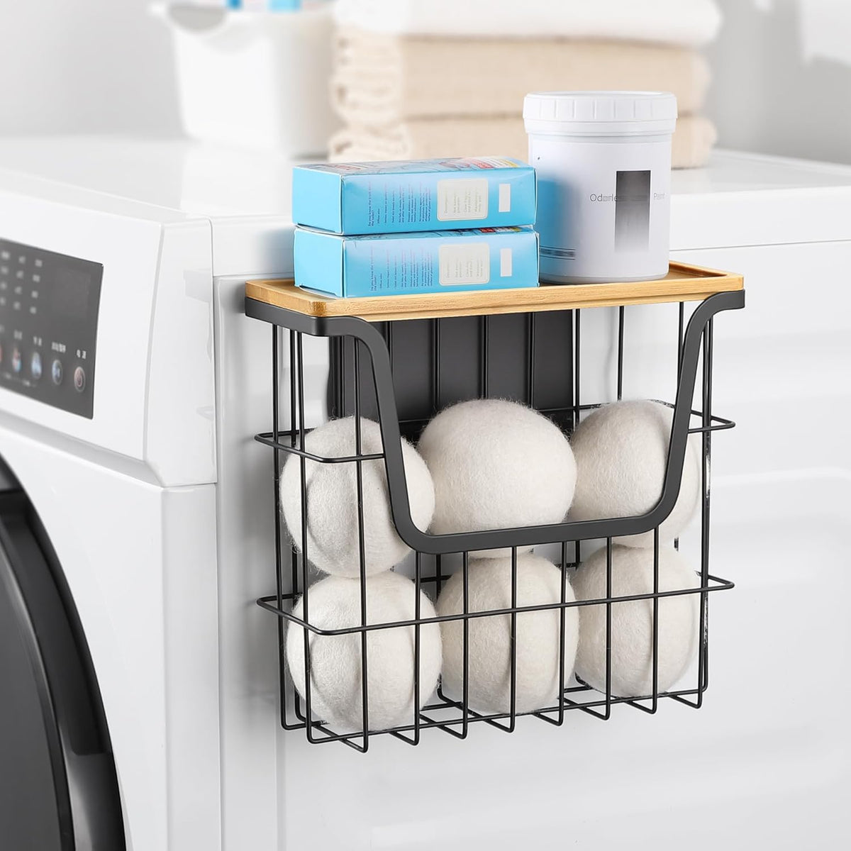 Magnetic Dryer Ball Holder - Black Basket for Laundry Room Organization and Storage with Bamboo Top