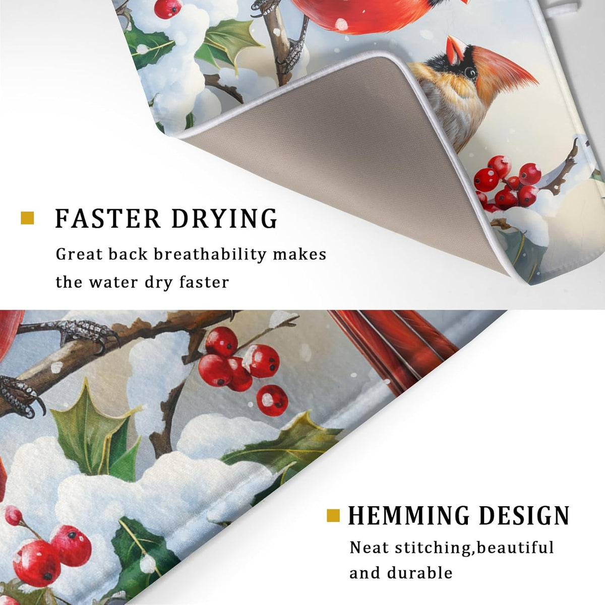 Winter Cardinal Birds Dish Drying Mat, Holly Berry Branches Dish Drying Mat for Kitchen Counter
