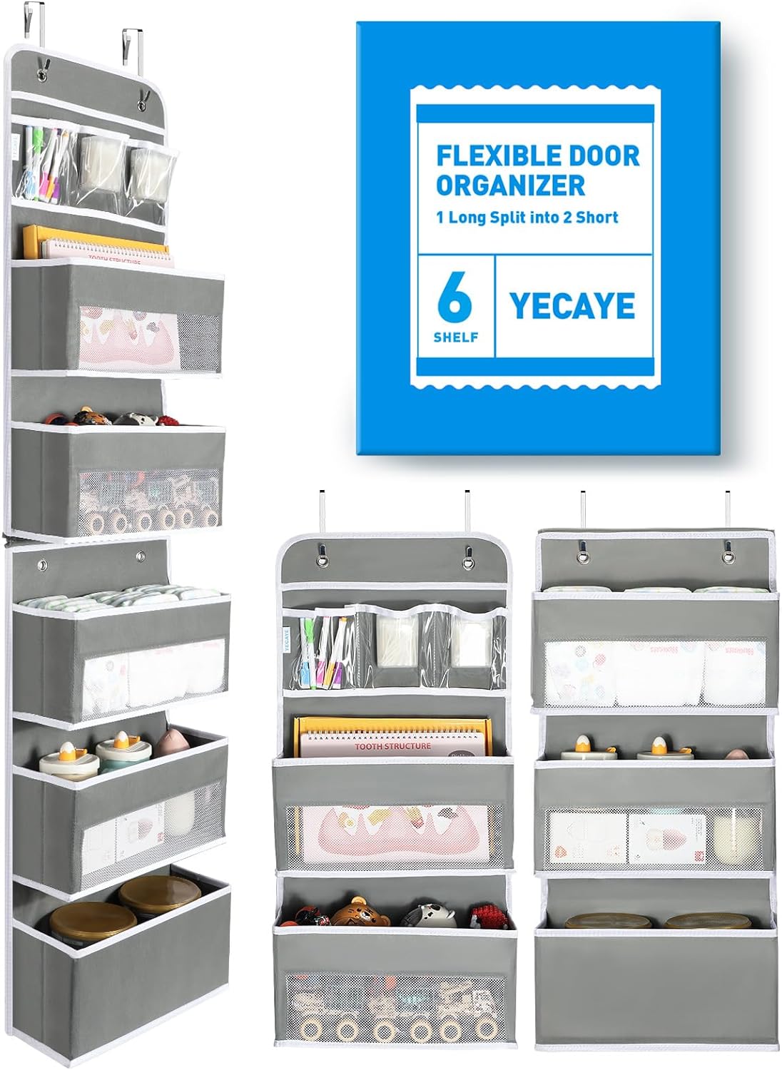 Yecaye 6-Tier Over the Door Storage Organizer, Flexible 1 Split into 2 Swing-proof Hanging Bathroom