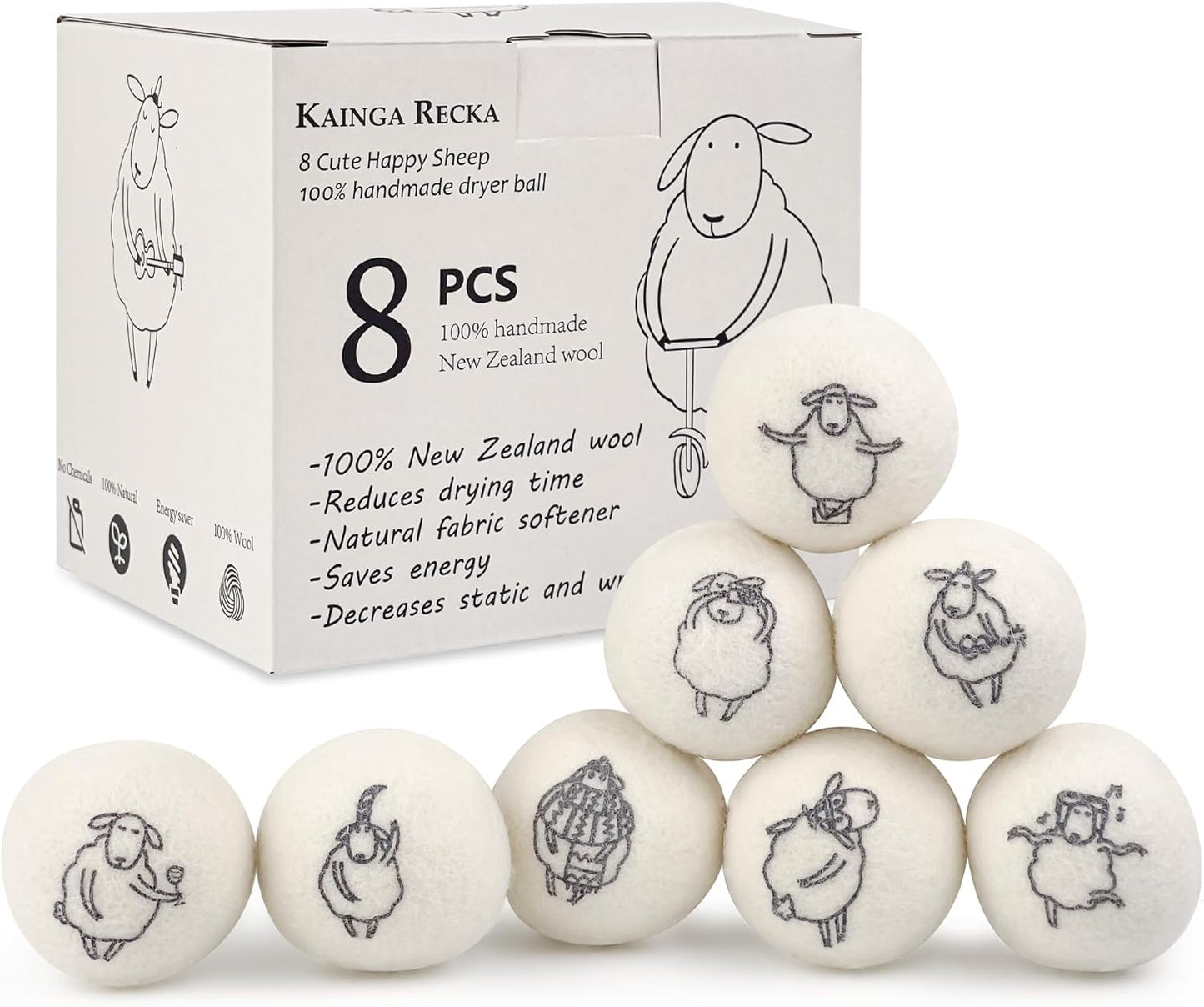 Wool Dryer Balls, 8PCS Dryer Balls with Happy Sheep - Natural & Organic, 100% New Zealand Wool